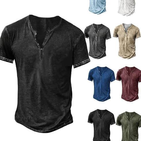 Mens Distressed Henley Shirts Short Sleeve Button T-Shirt * Fit Cotton Casual Shirt