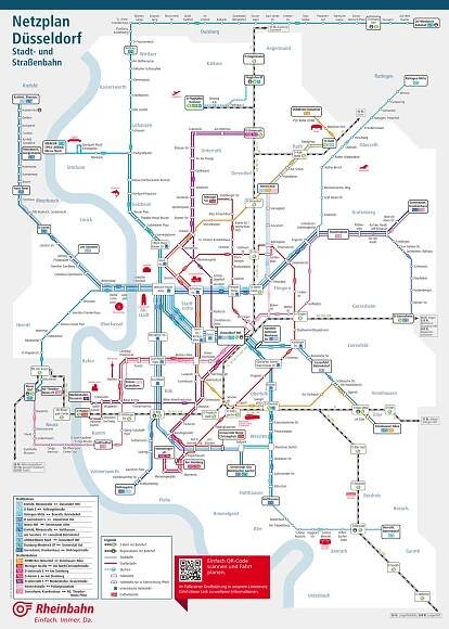 Mapa tramvají a metra Düsseldorf.