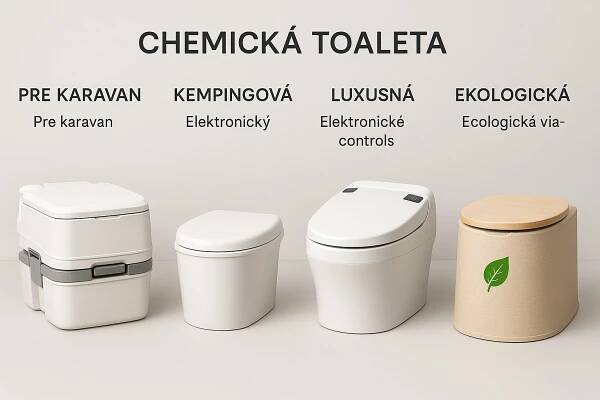 Ilustrácia porovnávajúca štyri typy chemických toaliet: prenosné WC pre karavany, kompaktné kempingové WC, luxusné elektronické modely a ekologické varianty, pričom každý model je detailne zobrazený, farebne odlíšený a doplnený stručným popisom jeho hlavných výhod a určenia.
