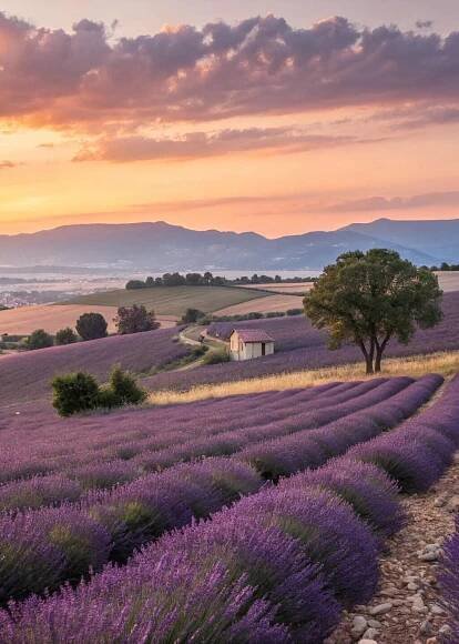the sun is setting over a lavender field with a small house in the distance and mountains in the background