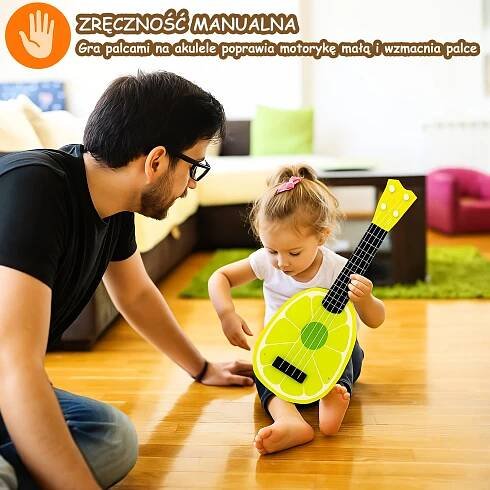 Hračka KYTARA PRO DĚTI VELKÁ UKULELE HRA BEZPEČNÝ NÁSTROJ STRUNY Věk dítěte 3+ roky