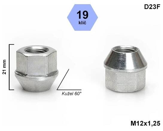 Kolová matice M12x1,25 kužel otevřená, klíč 19, D23F, výška 21 mm - SHELLERS