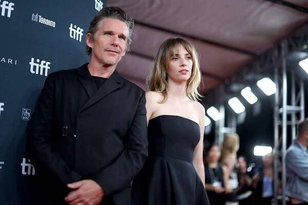 Ethan Hawke and Maya Hawke attend the "Wildcat" premiere during the 2023 Toronto International Film Festival at Royal Alexandra Theatre on September 11, 2023