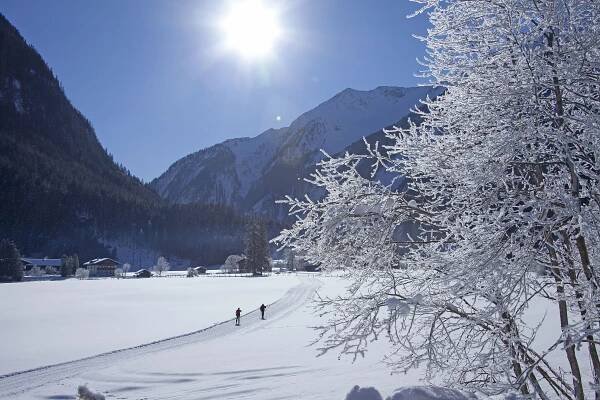 Zimní kouzlo při běžkování v zasněženém údolí Wildkogel Areny – dva běžkaři na sluncem zalité stopě mezi třpytícími se stromy v pohoří Vysoké Taury.