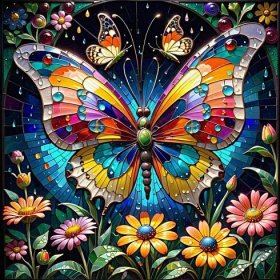 Butterfly pollinating the whimsical colourful utopian flower at night ...