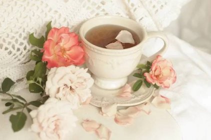 Aromatický čaj vintage hrnek a růžových růží, lahodné a krásnou snídani. Pastelové odstíny — Stock obrázek
