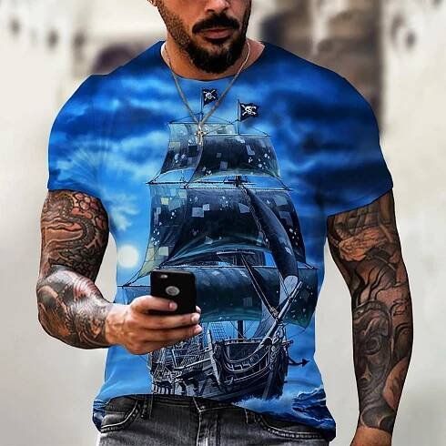 Vintage pánská trička s 3D potiskem Pirate Ship Tričko s krátkým rukávem, výstřih Pro muže Nadměrné topy Tričko Homme Camiseta 6XL