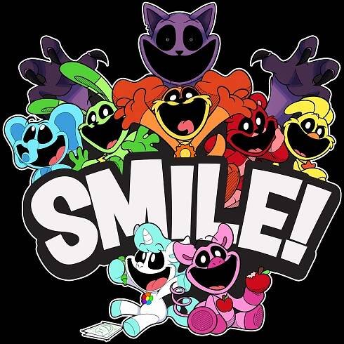 image on shirt: smiling critters all together. monster catnap, bubba bubbaphant, hoppy hopscotch, dogday, bobby bearhug, kickin chicken, craftycorn drawing on paper with crayon, picky piggy eating apple. text: smile!