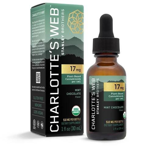 Charlotte's Web CBD oil glass tincture bottle and product box. 