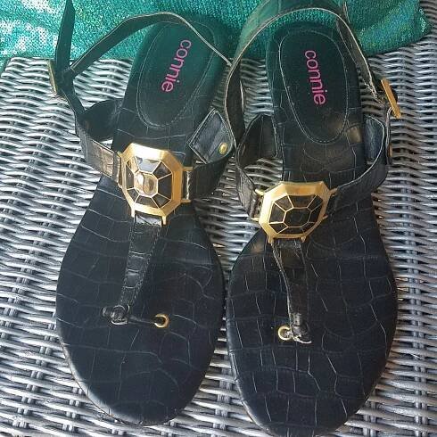 TRICIA ~ Black With Gold Wedge Sandals By CONNIE, Size 9M Womens