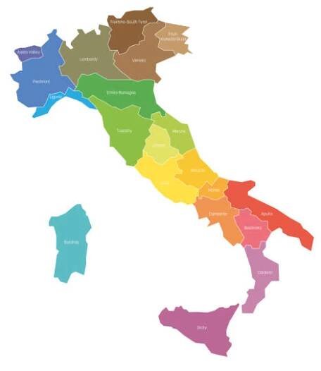 regiony itálie. mapa regionálních správních divizí zemí. barevná vektorová ilustrace - southern italy stock ilustrace