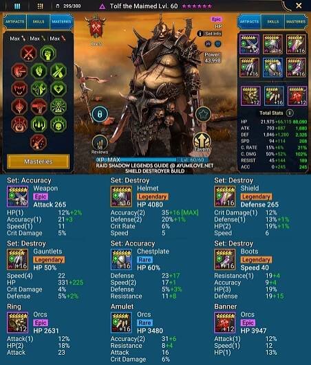 Raid Shadow Legends Tolf the Maimed Artifact and Stats Reference Guide for Magic Boss Shield Destoryer Build