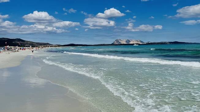 Návštěvníci užívající si slunce na pláži La Cinta, Sardinie
