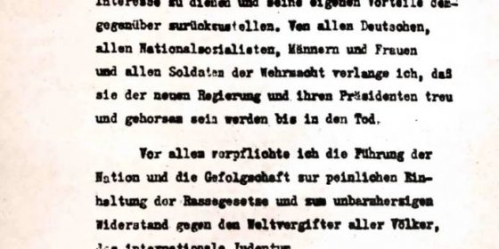 Poslední vůle Adolfa Hitlera podepsaná Bormannem jako svědkem