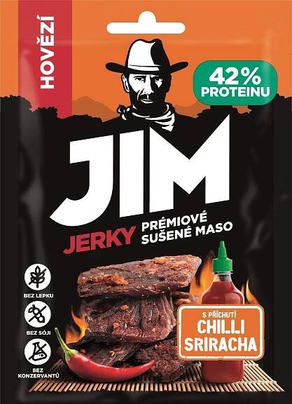 Jim Jerky hovězí s příchutí chilli sriracha, 23 g - Emco.cz