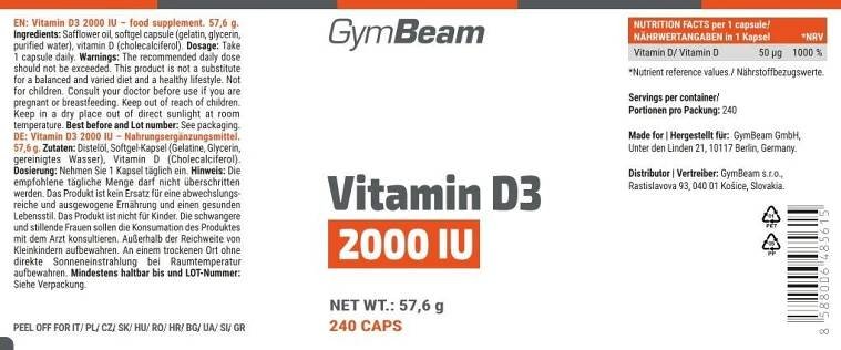 GymBeam Vitamín D3 2000 IU 240 kapslí