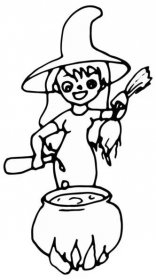 Čarodějnice vaří lektvar v kotli. silueta staré strašidelné čarodějnice s kouzelným kotlem — Ilustrace
