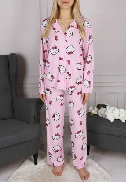 Hello Kitty Dámské pyžamo s dlouhým rukávem, široké nohavice, knoflíky, velikost XL EAN (GTIN) 5906599695748