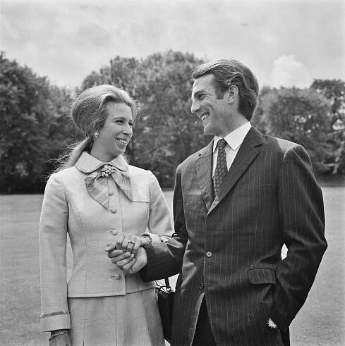 Anne, the Princess Royal, with her fianc&eacute;, equestrian champion Mark Phillips in the grounds of Buckingham Palace in London