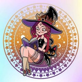 Vektorové ilustrace design krásné kreslené čarodějnice s kouzelnou knihou pro kartu Happy Halloween — Ilustrace