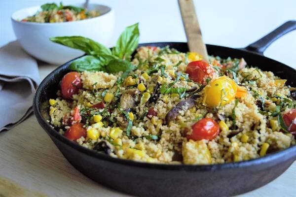 Vegan Couscous with Shiitake, Tomatoes, and Corn