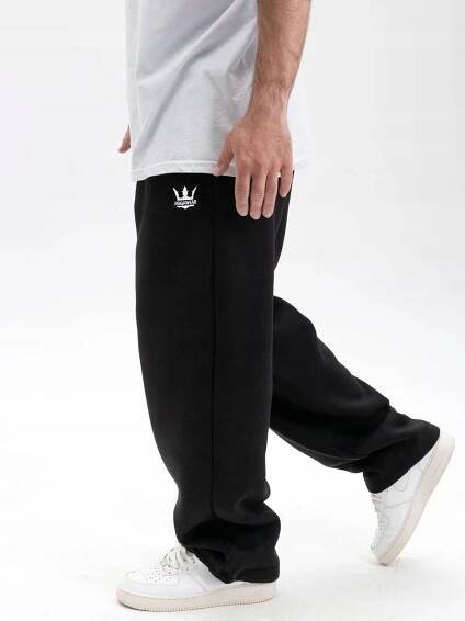 TEPLÁKY BAGGY Pánské ŠIROKÉ VOLNÉ Jigga KORONA Výšivka ČERNÁ M