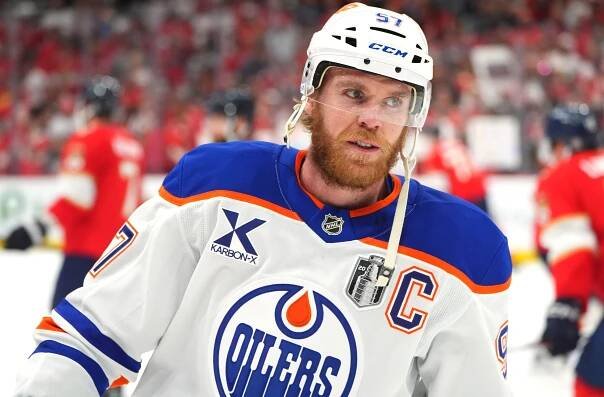 Connor McDavid #97 of the Edmonton Oilers warming up before Game Six of the Stanley Cup Final.