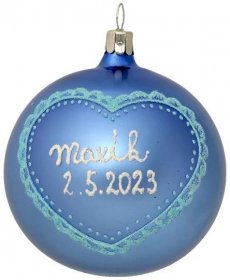 Vánoční ozdoba skleněná se jménem / textem - miminkovská se srdcem, 8 cm - modrá, 1 ks