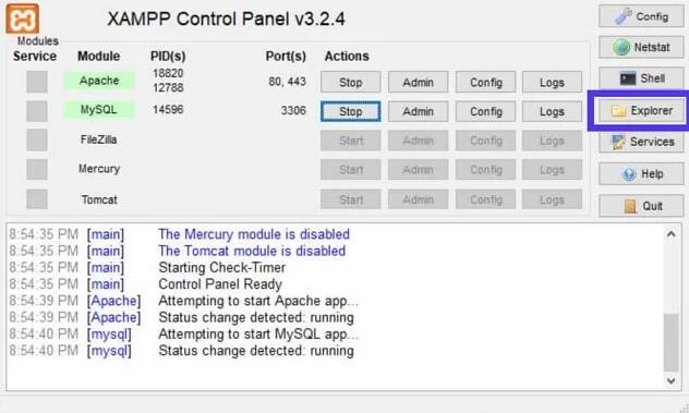 The Explorer button in the XAMPP Control Panel opens a file browser directly.