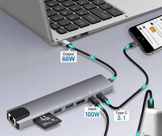 Adaptér 8v1 HUB USB-C HDMI SD pro Macbook Pro / Air 13 13,6 14 14,2 M1 M2 M3 Počet portů 8