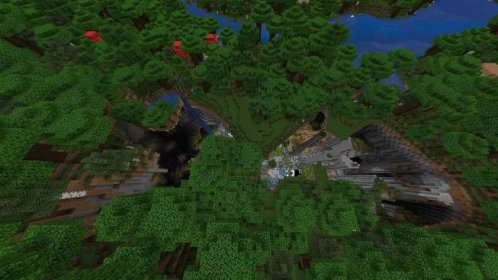 A trip from this Minecraft seed&#039;s spawn may just yield a particularly large sinkhole (Image via Mojang)
