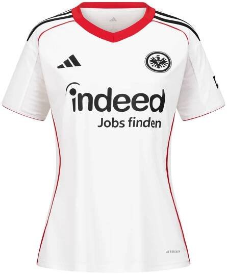 Bild Vorderseite: Weißes Eintracht Frankfurt Damen Auswärtstrikot mit schwarzem Adidas-Logo, Eintracht-Logo, schwarzem Indeed-Sponsor und roten Akzenten an Kragen und Seiten.