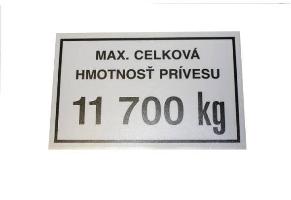 Štítek maximální hmotnost přívěsu 11700kg