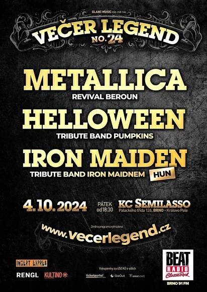 VEČER LEGEND 24 tribut METALLICA, HELLOWEEN, IRON MAIDEN – vstupenky