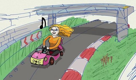 A girl happily drives an open-top pink kart that is hilariously small along a track, and you're watching her from the front as she drives past. Her body sticks out far above the top of the kart, and her knees are pointed outwards over the edge of the kart so that her feet can fit inside. The kart is pink with yellow whiskers on the front and a tail. The girl is wearing grey leggings, an orange top, and has her yellow-orange hair streaming out behind her from the speed. The girl and the kart are drawn with bold thick lines and a flat colouring style. They are on a racetrack surrounded by grass and a red-white kerb, and have just driven under a tunnel. The racetrack has a subtle heart design on the edge. The racetrack is the background of the picture, and is drawn with a sketch art style and is filled with more muted colours.
