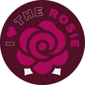 Round sticker with a rose icon, saying "I love the Rosie".