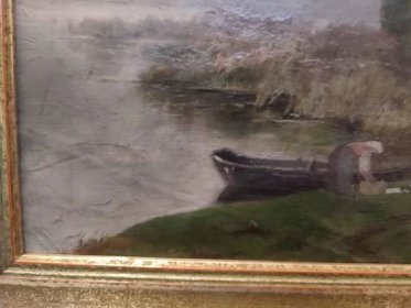 Pradlena u řeky 19.století sig. viz foto olej plátno 27x37cm - Umění
