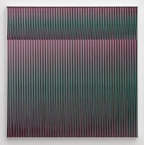 Carlos Cruz-Diez, Physichromie 888, 1974. Aluminum, silkscreen, and stainless steel, 35 x 35 x 2 in.