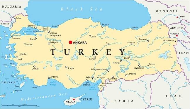  Magnetická mapa Turecka, administrativní, barevná