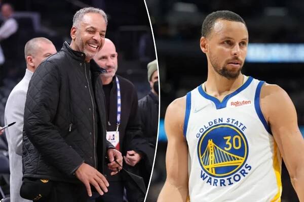 An image collage containing 2 images, Image 1 shows Dell Curry at a Golden State Warriors game, Image 2 shows Steph Curry in a Golden State Warriors uniform