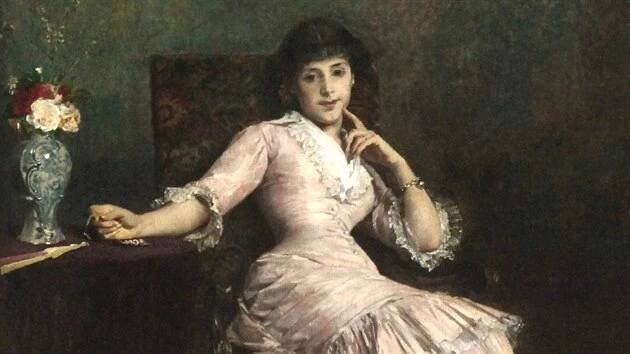 Dáma v růžovém šatě. Obraz Hynais namaloval roku 1880.