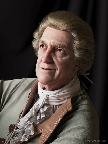 3d artwork of Andor Kollar in Maya with Arnold renderer, head, XGen hair, Jonathan Pryce as aristocrat with 18th costume, laces, scarf, wig and bow