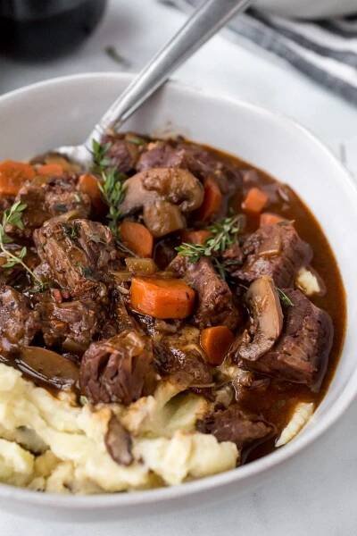 Instant Pot Beef Bourguignon recipe from RecipeGirl.com #instant #pot #instantpot #pressure #cooker #pressurecooker #beef #bourguignon #beefbourguignon #french #easy #recipe #RecipeGirl