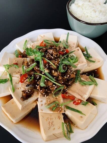 Steamed Silken Tofu with Mushroom Sauce - Veggie Anh