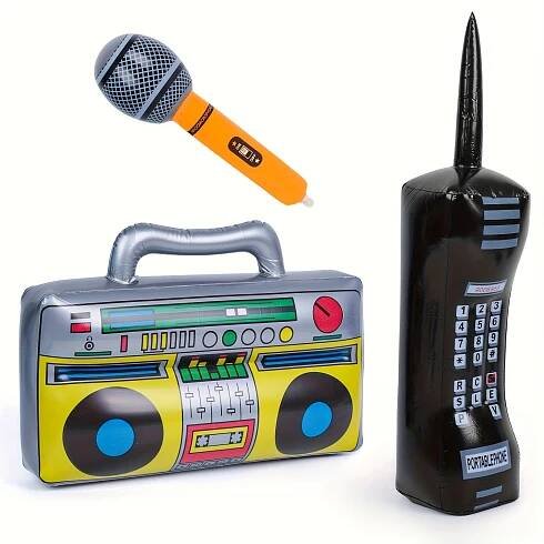 3pcs Inflatable Props For Party, Inflatable Mobile Phone Boombox Blow Up Microphone For 80s Party Decorations Hip Hop Theme Birthdays Party Supplies