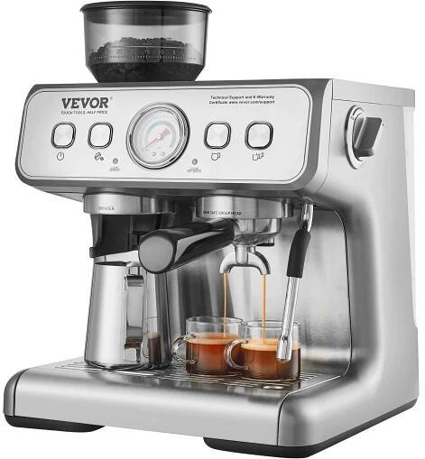 Espresso kávovar VEVOR s mlýnkem / 15 barový poloautomatický espresso stroj s napěňovačem mléka, parní tryskou,