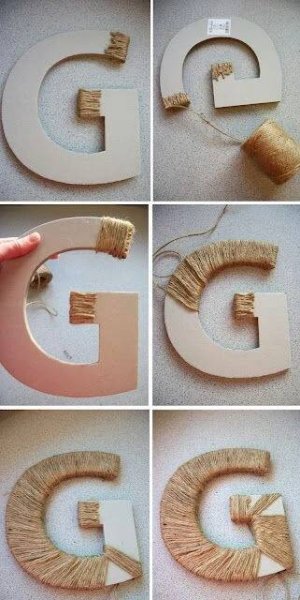 the steps to make a diy wooden letter with twine and yarn are shown