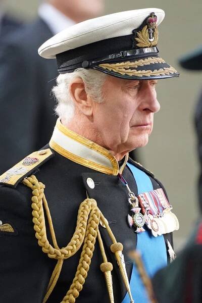 King Charles III in full Royal uniform. A similar look King Charles will wear for the Coronation.