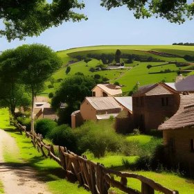 Bezplatný obrázek: Malá venkovská vesnička v krásné venkovské krajině – umění umělé inteligence