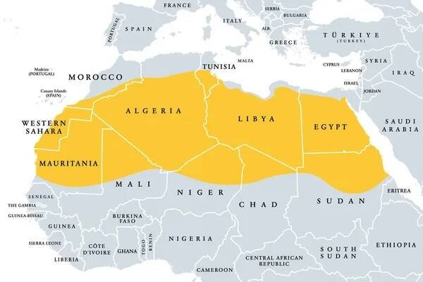 Sahara, poušť na africkém kontinentu, politická mapa. Největší horká poušť na světě, tvoří většinu severní Afriky, která se nachází mezi úrodnými oblastmi na pobřeží Středozemního moře, a Sahelu. — Ilustrace